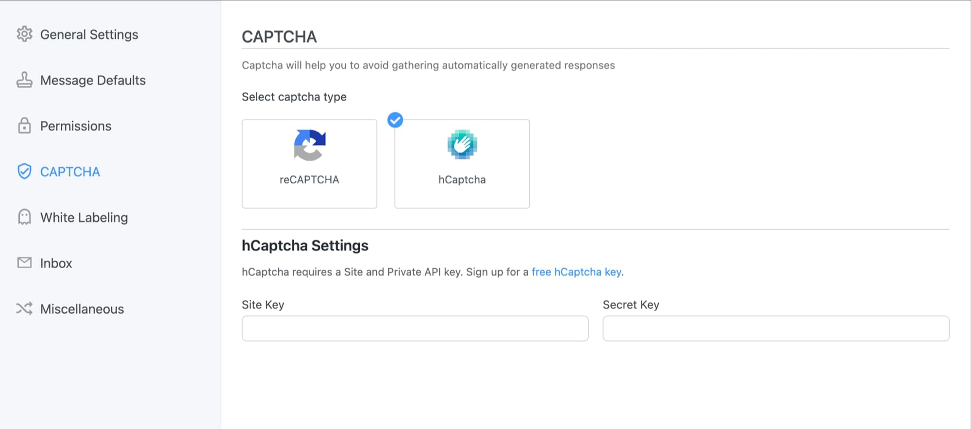 WP form settings for hCaptcha